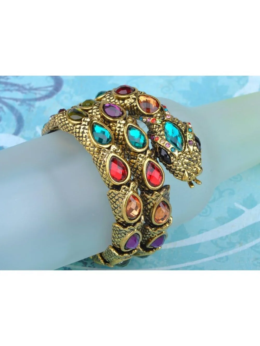 Egyptian-Inspired Rhinestone Snake Stretch Cuff Bangle Bracelet - Unique Jewelry
